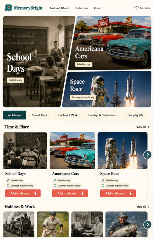 Feature Albums library showing School Days, Americana Cars, Space Race, and other album collections