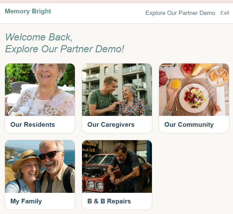 Partner Demo album list showing residents, caregivers, community, family, and repair-shop albums