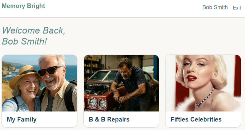 Memory Bright sub-user landing page showing personal and themed albums